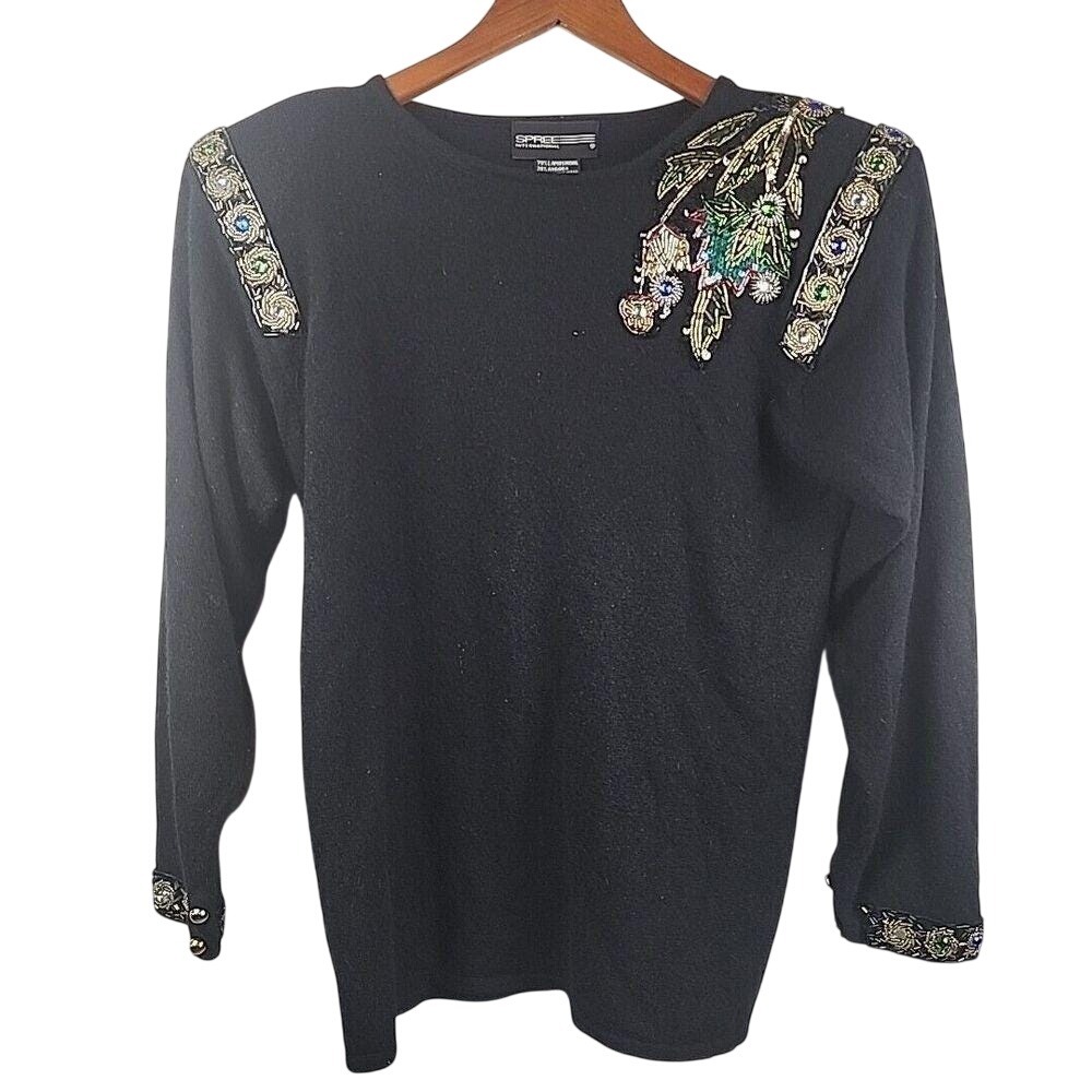 Spree International Vintage Black Beaded Angora Lambswool Sweater Small 80s 90s